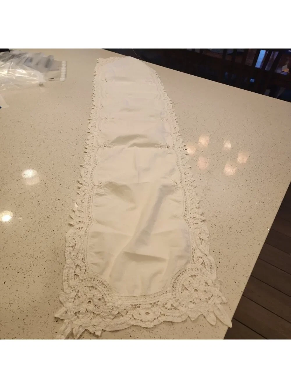Vintage White Ecru Cotton Table Runner Dresser Scarf with Cut Work 60x12